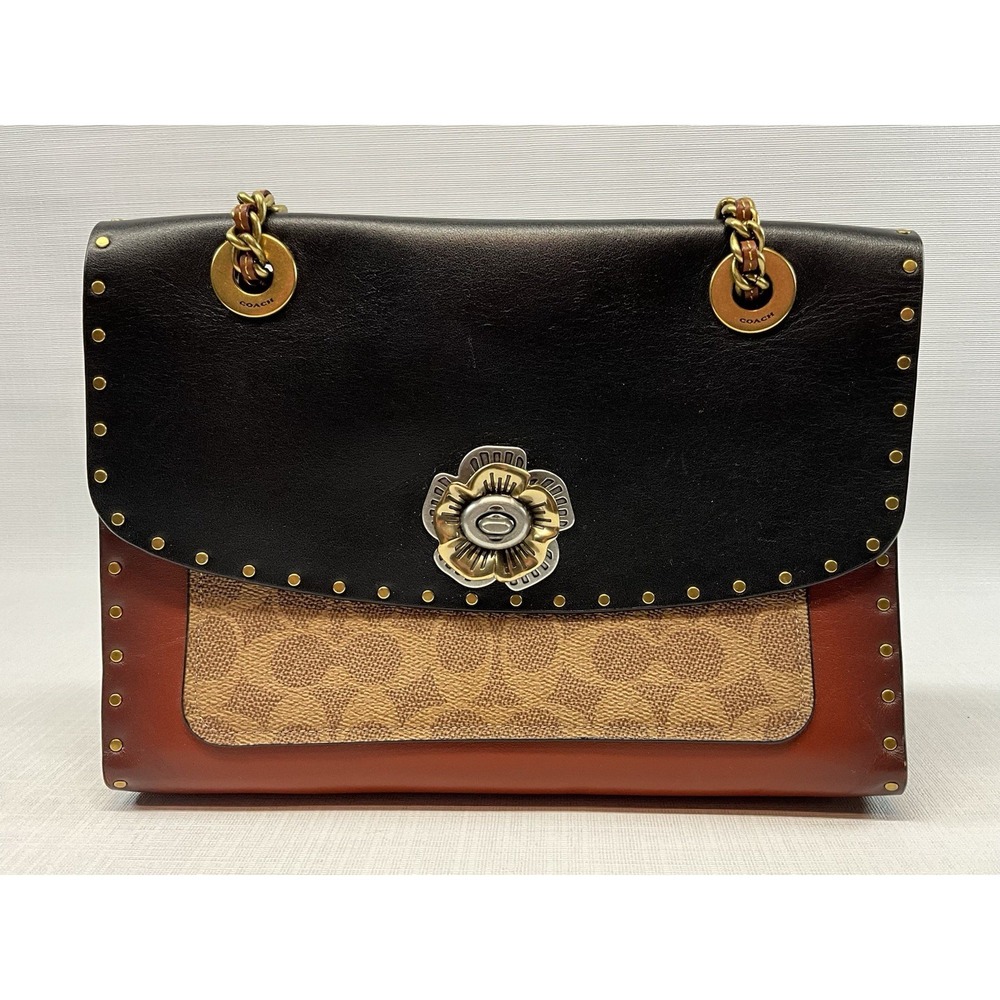 Coach 29416 Parker Rivets Tea Rose Chain Bag Signature Canvas Leather Snakeskin